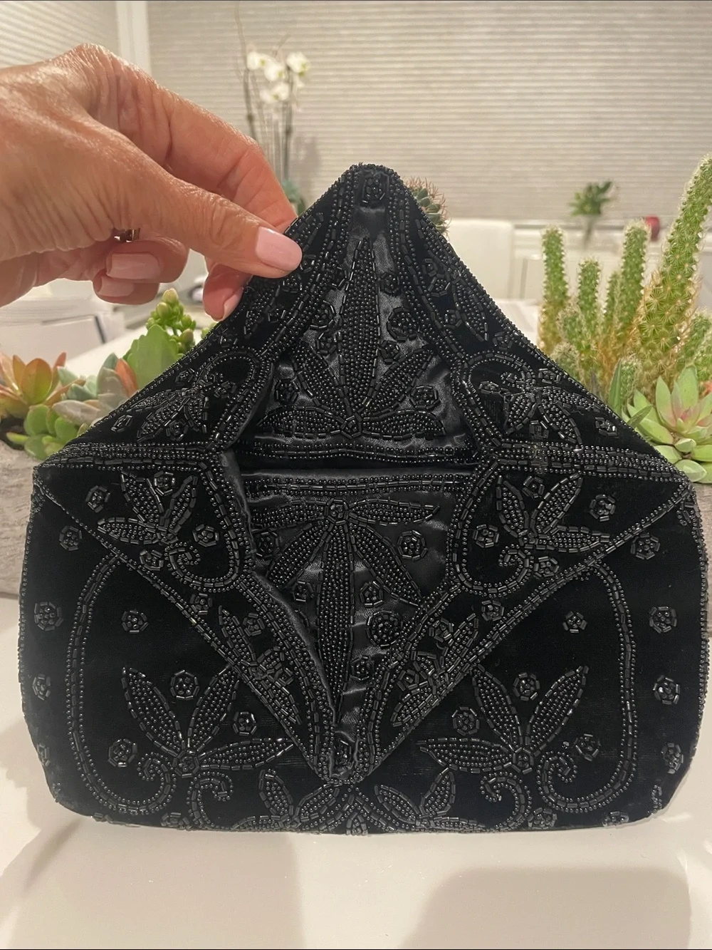 VINTAGE Black Velvet Hand-Beaded Envelope Evening Clutch Bag ~ Made In France